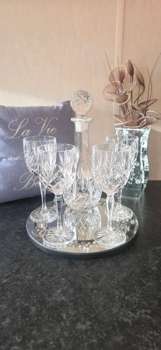 Vintage Cut Crystal Decanter & 4 Wine Glass Set Ba - Image 1