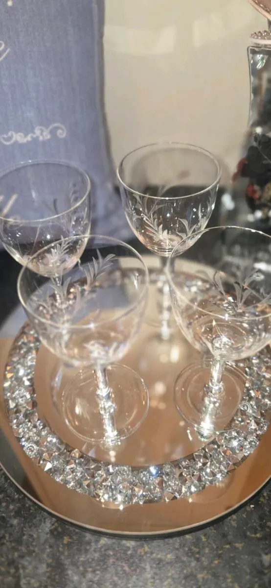Vintage Etched Crystal Wine Glasses Set of 4 Elega - Image 3