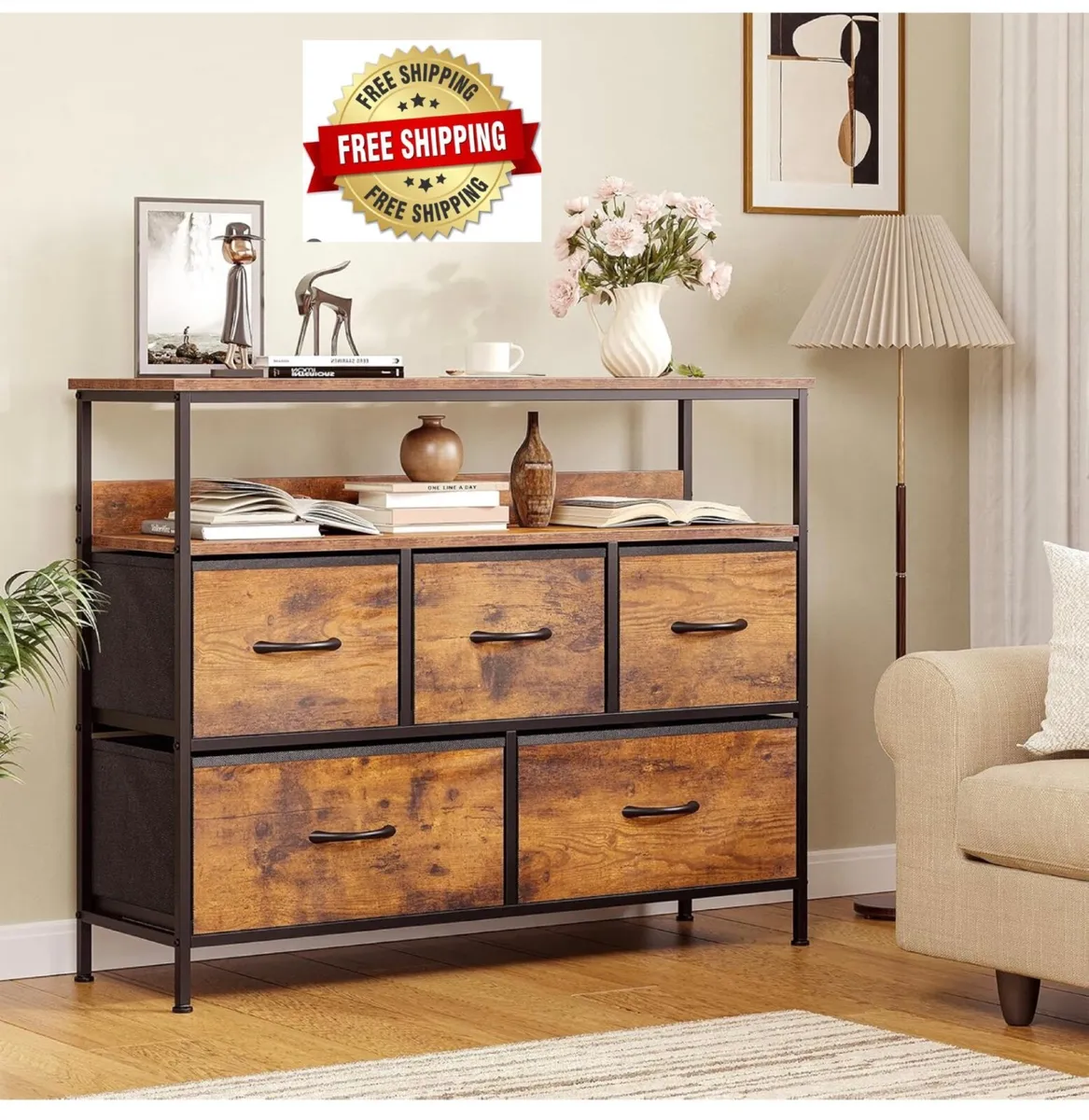 Chest of Drawers, 5 Drawers Dresser with TV Stand - Image 1