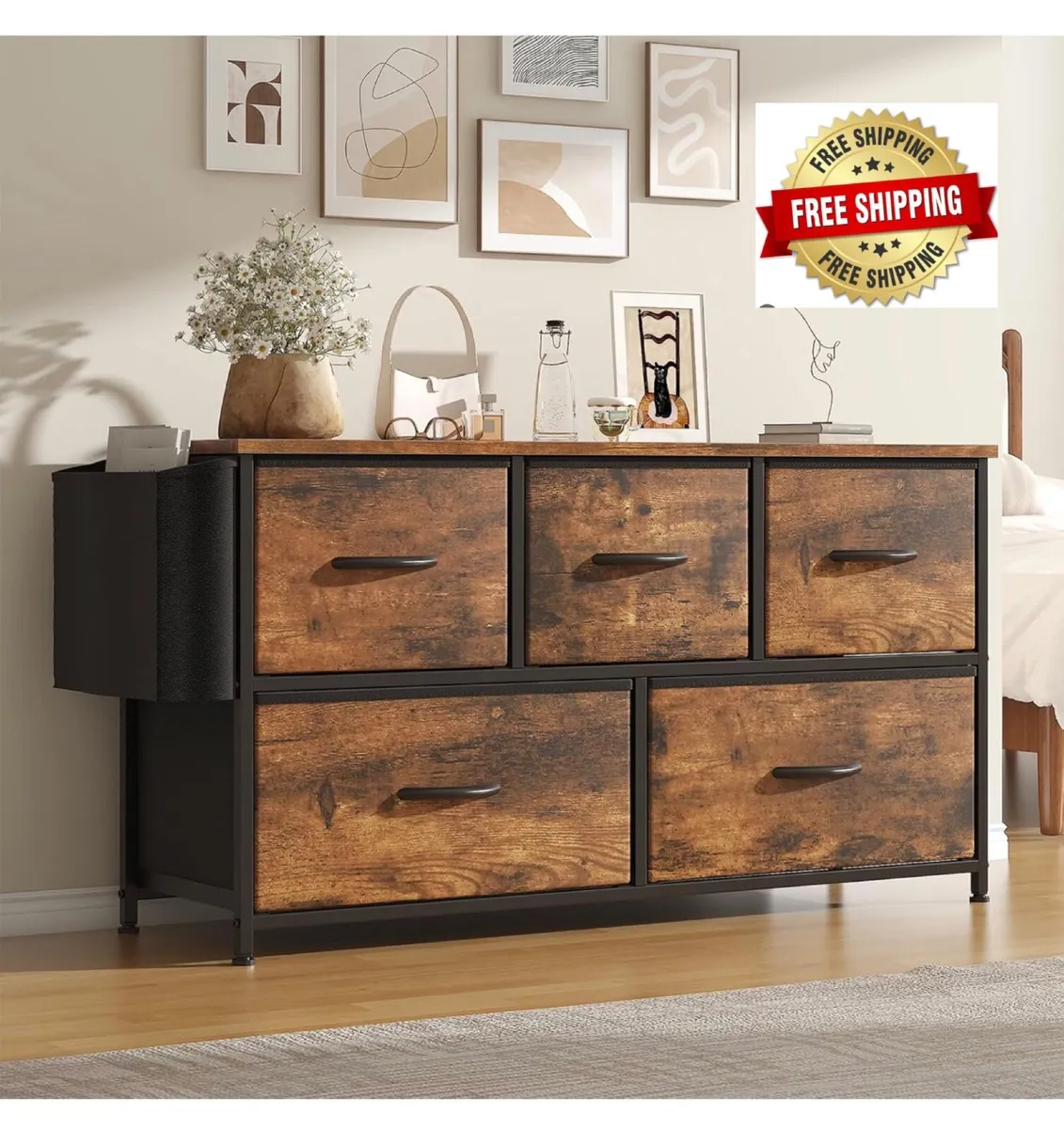 Fabric 5 Drawer Storage Cabinet with Side Pocket – - Image 1