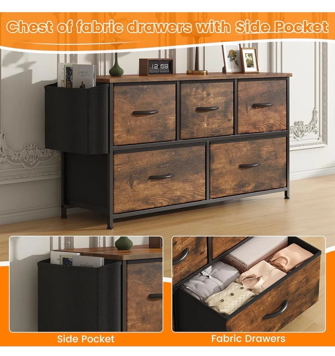 Fabric 5 Drawer Storage Cabinet with Side Pocket – - Image 4