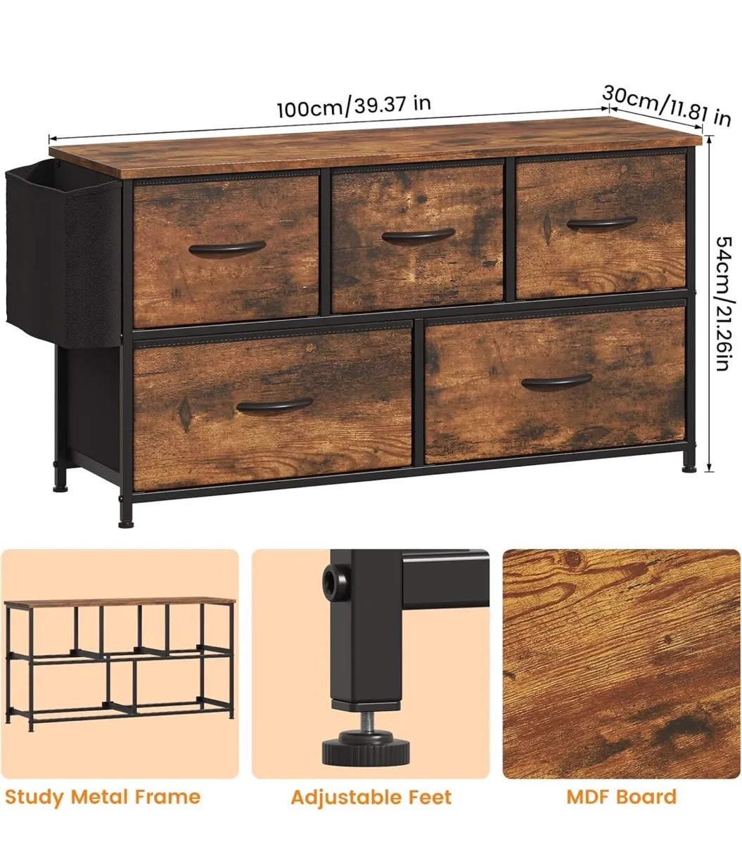 Fabric 5 Drawer Storage Cabinet with Side Pocket – - Image 2