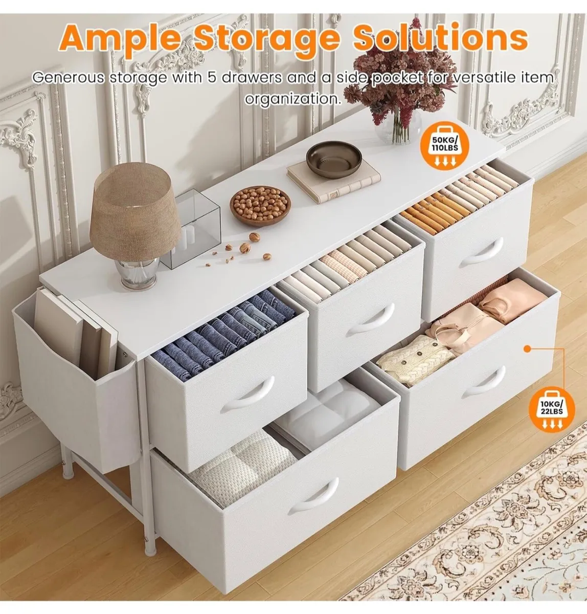 Fabric 5 Drawer Storage Cabinet with Side Pocket - Image 3