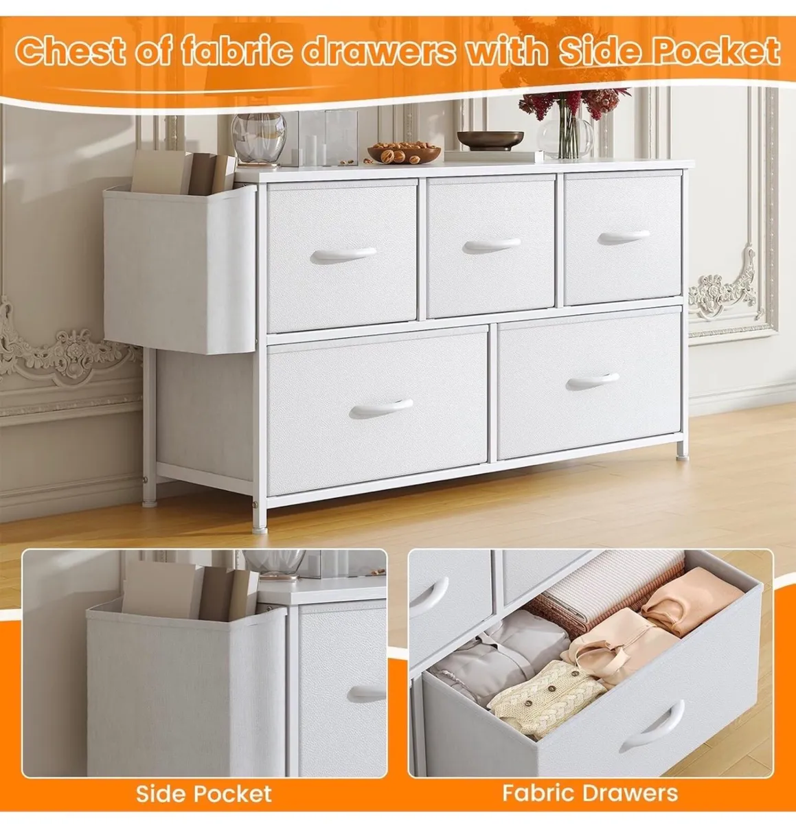 Fabric 5 Drawer Storage Cabinet with Side Pocket - Image 4
