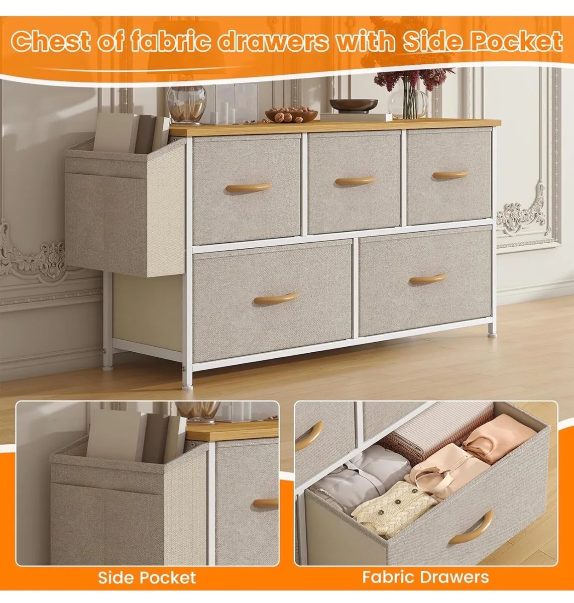 Fabric 5 Drawer Storage Cabinet with Side Pocket - Image 2