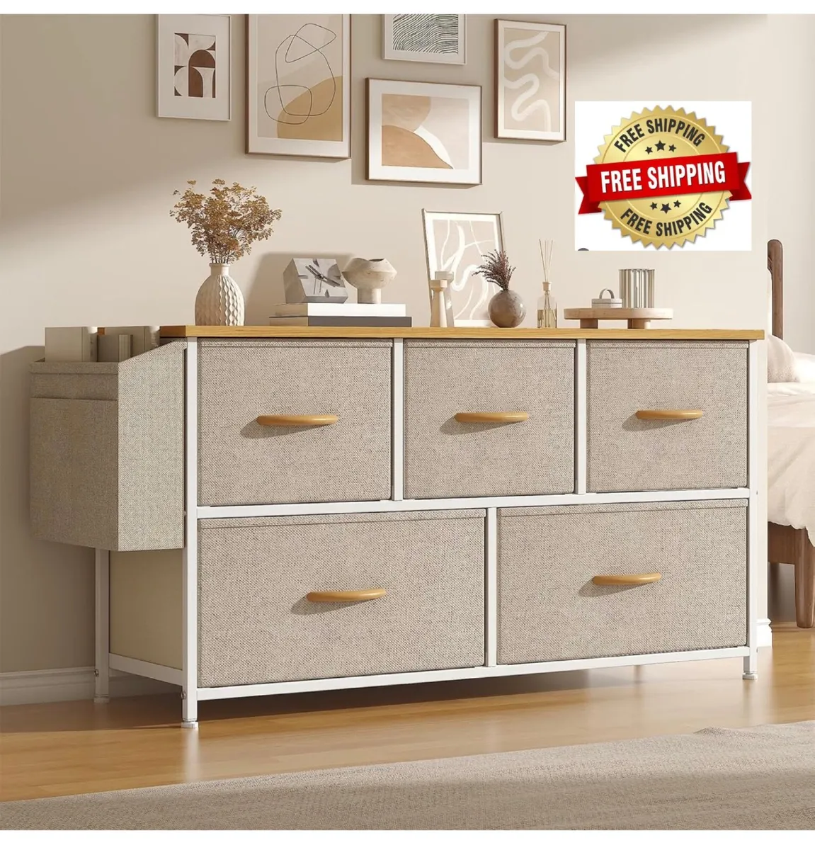 Fabric 5 Drawer Storage Cabinet with Side Pocket - Image 1