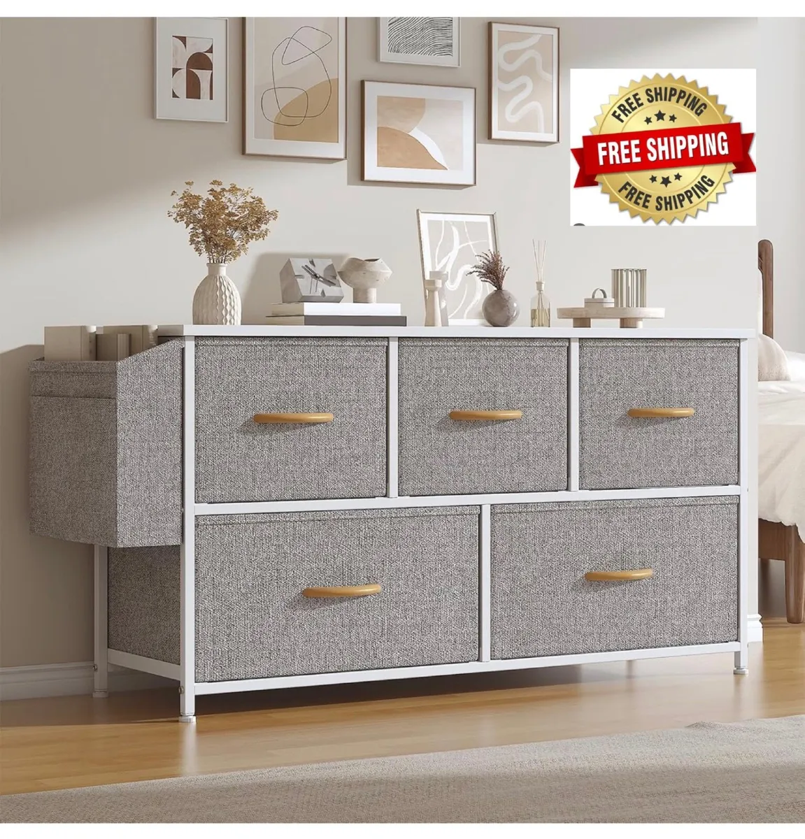 Fabric 5 Drawer Storage Cabinet with Side Pocket - Image 1
