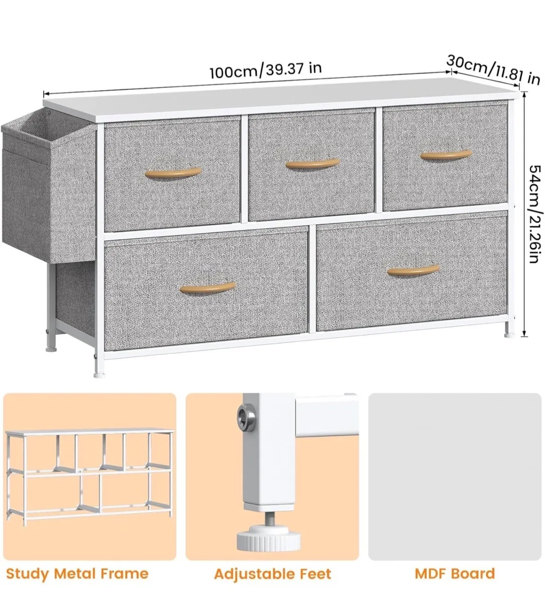 Fabric 5 Drawer Storage Cabinet with Side Pocket - Image 3