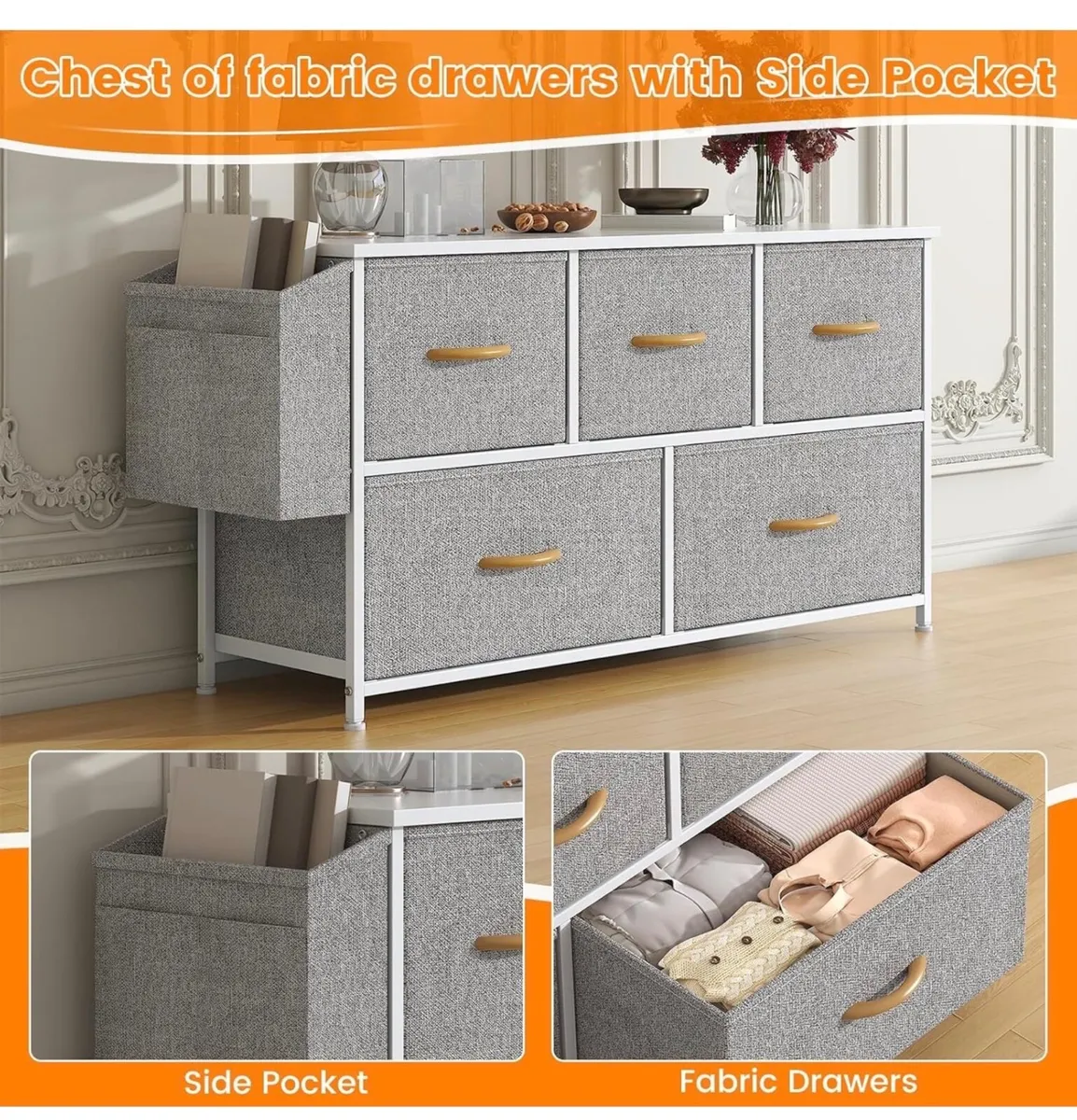 Fabric 5 Drawer Storage Cabinet with Side Pocket - Image 4