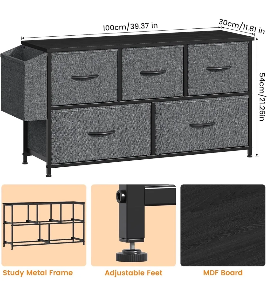 Fabric 5 Drawer Storage Cabinet with Side Pocket - Image 2
