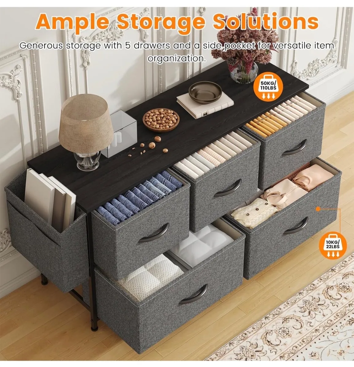 Fabric 5 Drawer Storage Cabinet with Side Pocket - Image 4