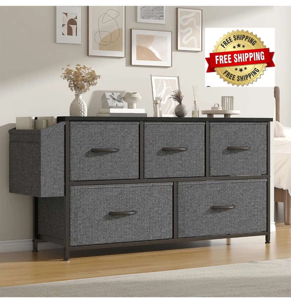 Fabric 5 Drawer Storage Cabinet with Side Pocket - Image 1