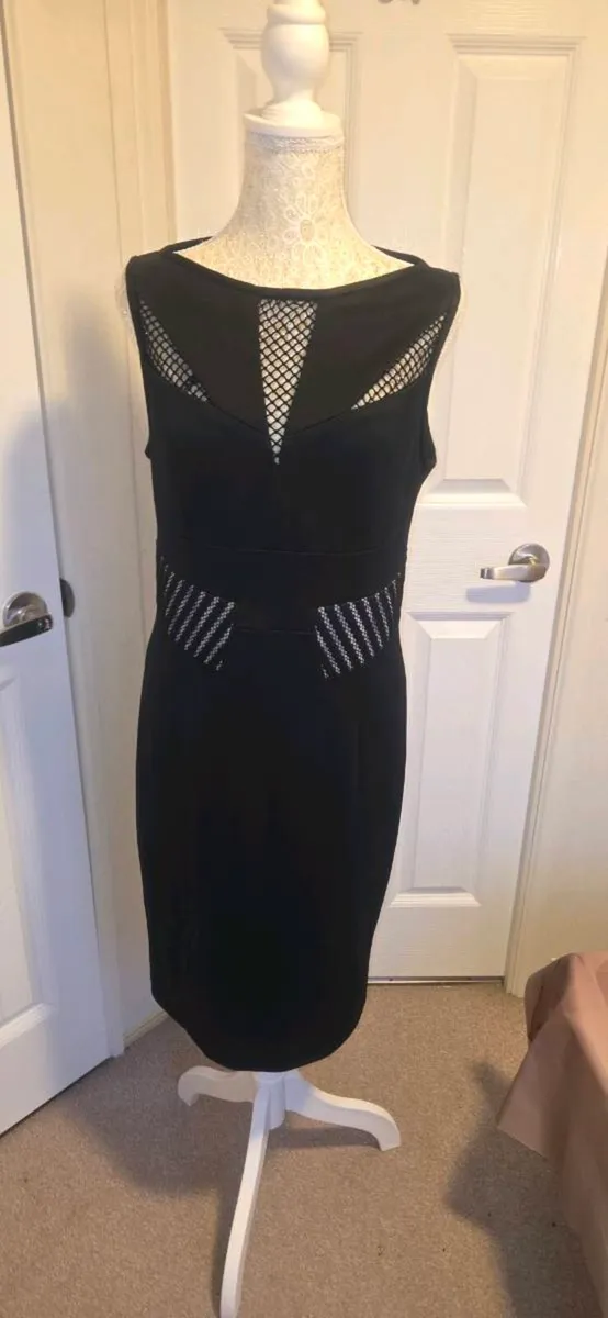 Karen Millen Black Mesh Panel Bodycon Midi Dress U - Image 2