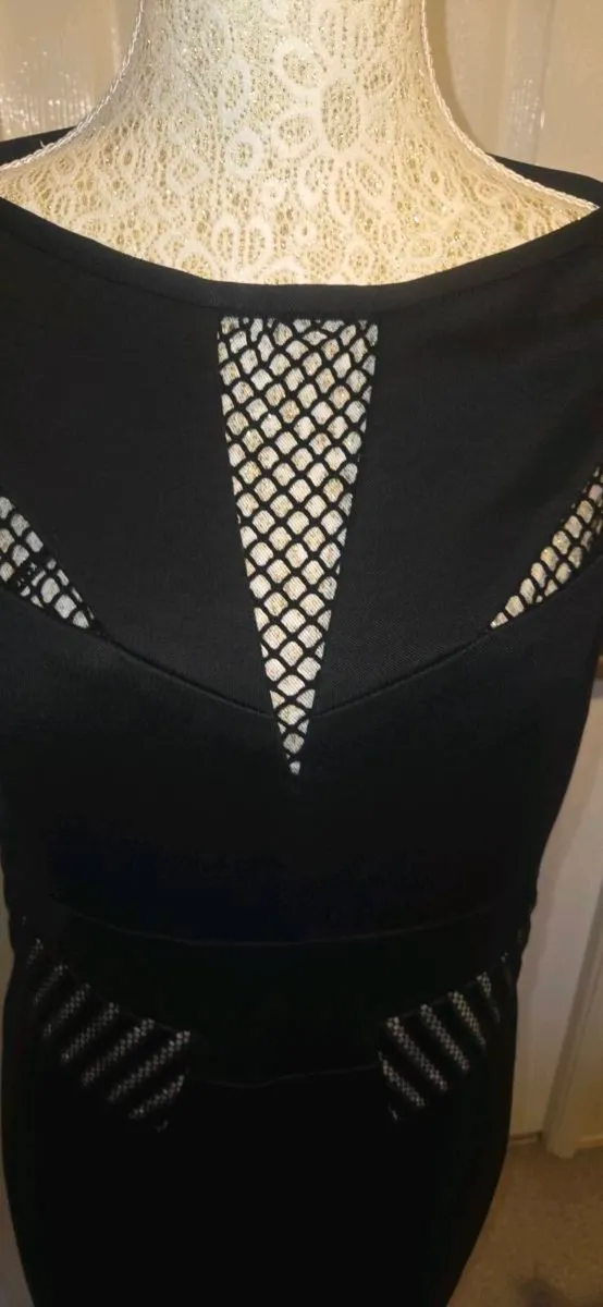 Karen Millen Black Mesh Panel Bodycon Midi Dress U - Image 3
