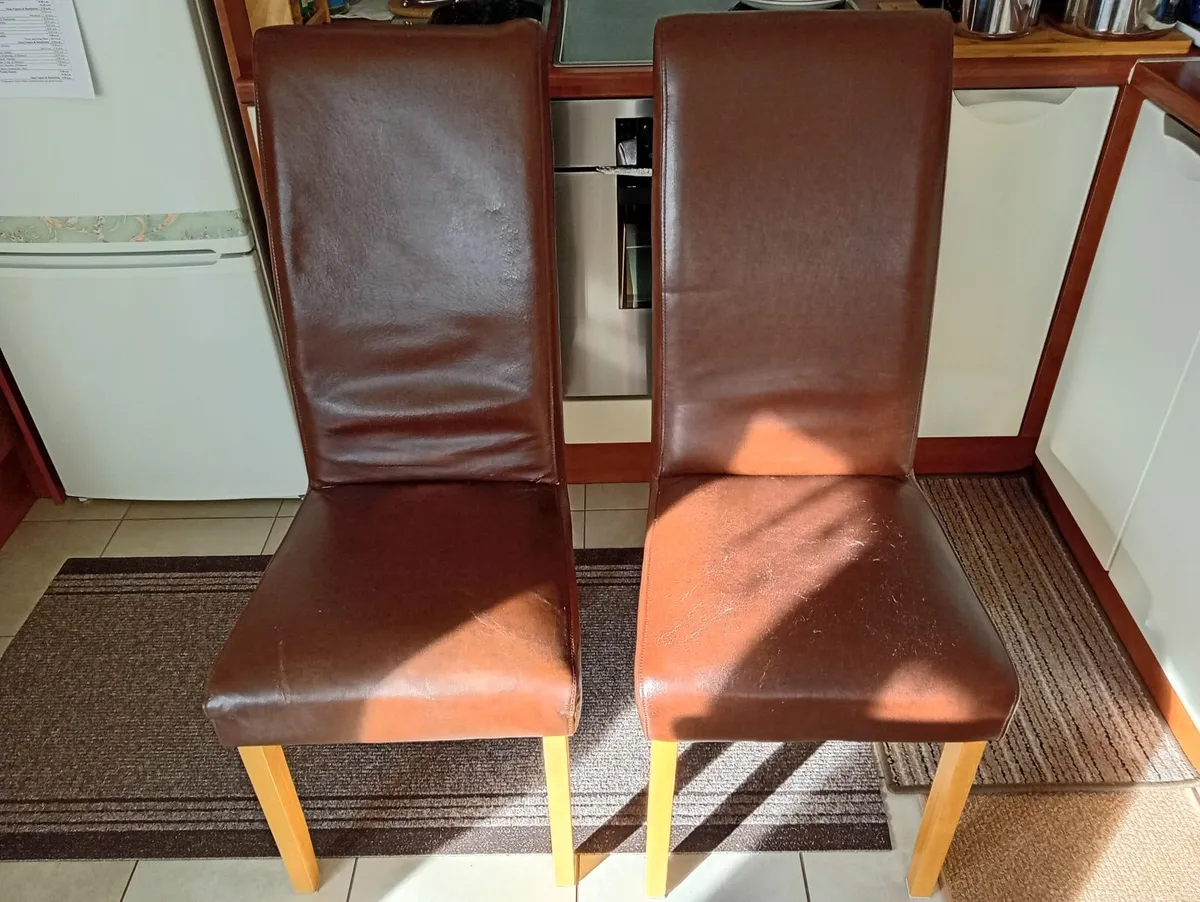 Two brown leather dining chairs - Image 1