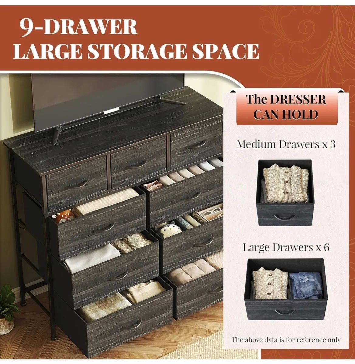 Chest of Drawers,Dresser for Bedroom with 9 Drawer - Image 4