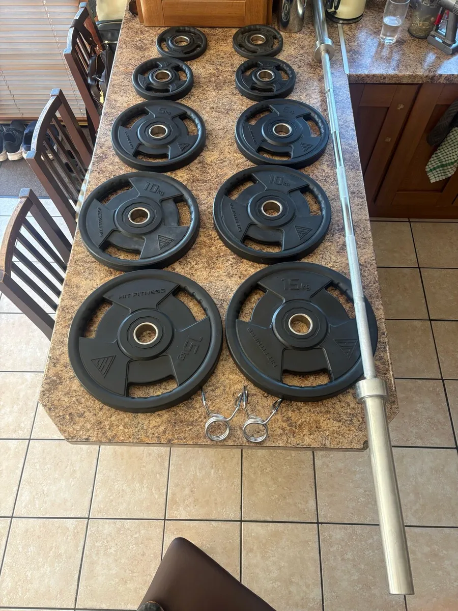 7 FT OLYMPIC BAR+ HIGH END URETHANE WEIGHTS - Image 1