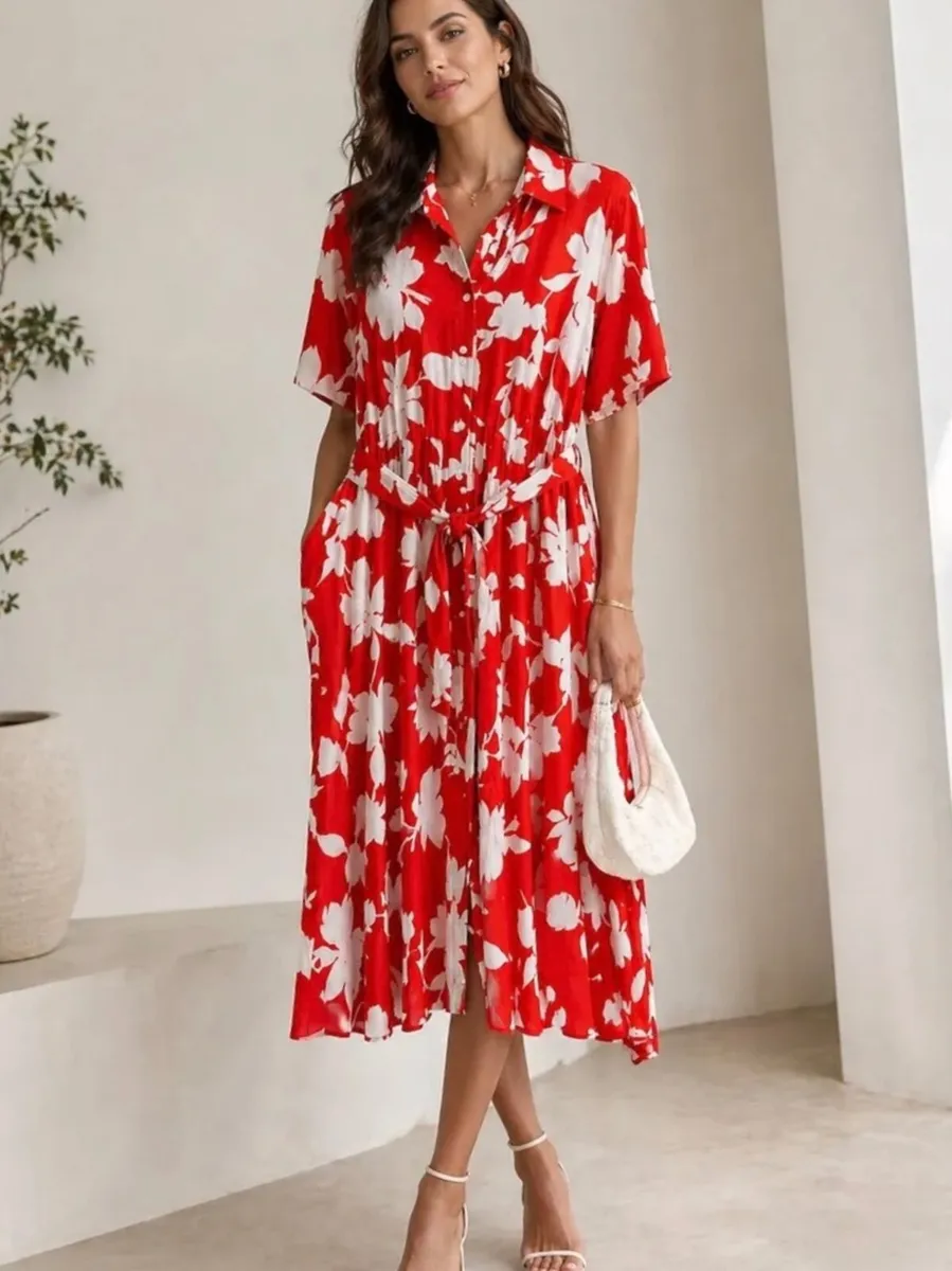 NEW Red Floral Summer Shirt Dress: Size 12 & 14 - Image 1
