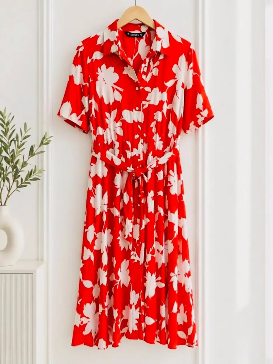 NEW Red Floral Summer Shirt Dress: Size 12 & 14 - Image 2