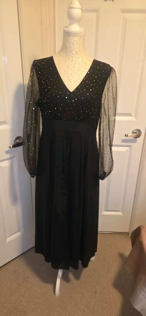 Black Gold Sparkle Mesh Sleeve Midi Dress Evening - Image 1