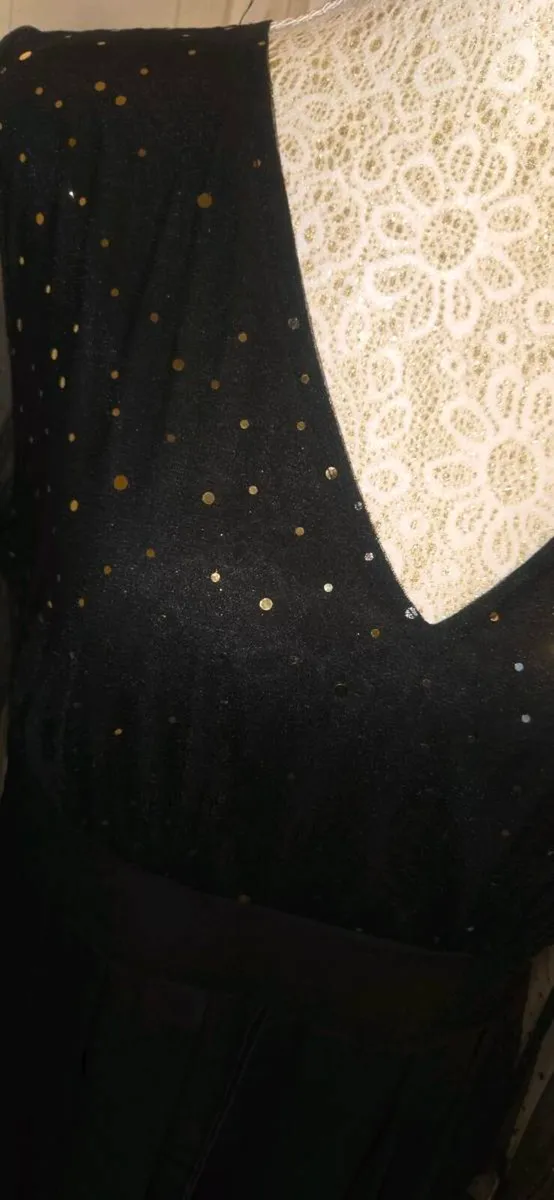 Black Gold Sparkle Mesh Sleeve Midi Dress Evening - Image 2
