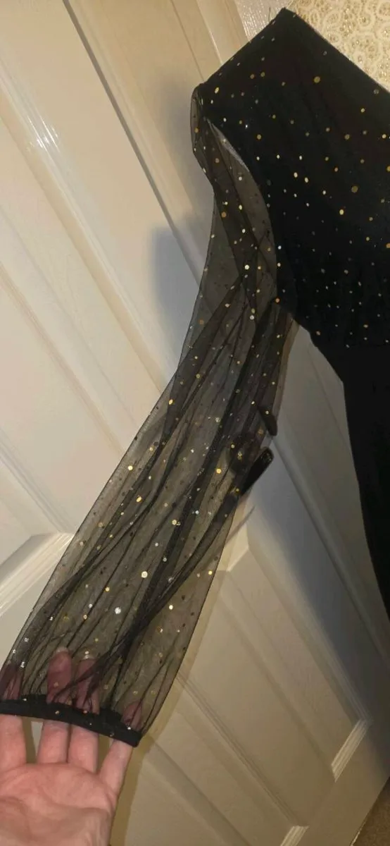 Black Gold Sparkle Mesh Sleeve Midi Dress Evening - Image 3