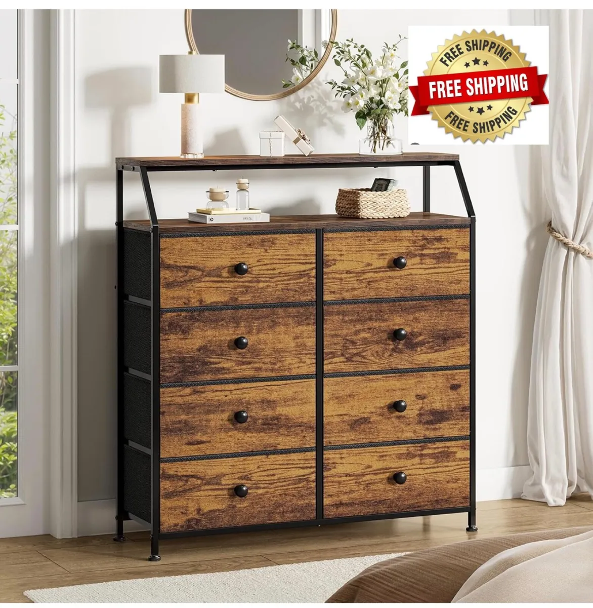 Chest of Drawers with 8 Drawers, Rustic Brown Dres - Image 1