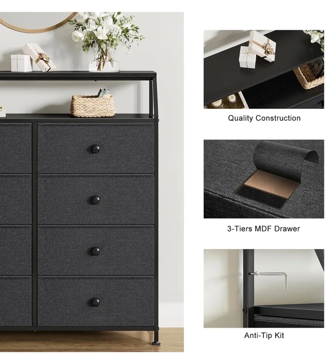Chest of Drawers with 8 Drawers, Black Dresser for - Image 2