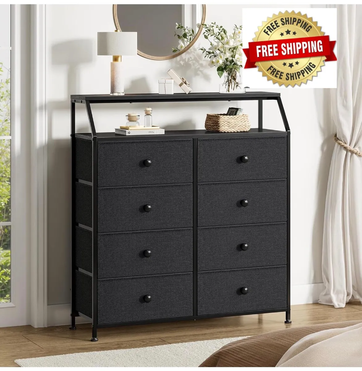 Chest of Drawers with 8 Drawers, Black Dresser for - Image 1
