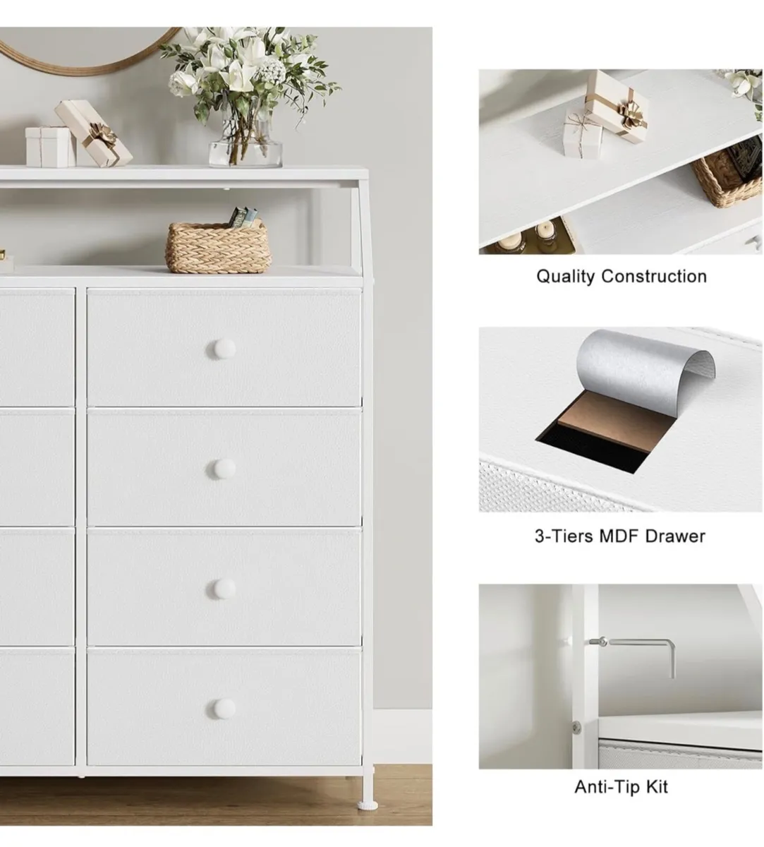 Chest of Drawers with 8 Drawers, White Dresser for - Image 4
