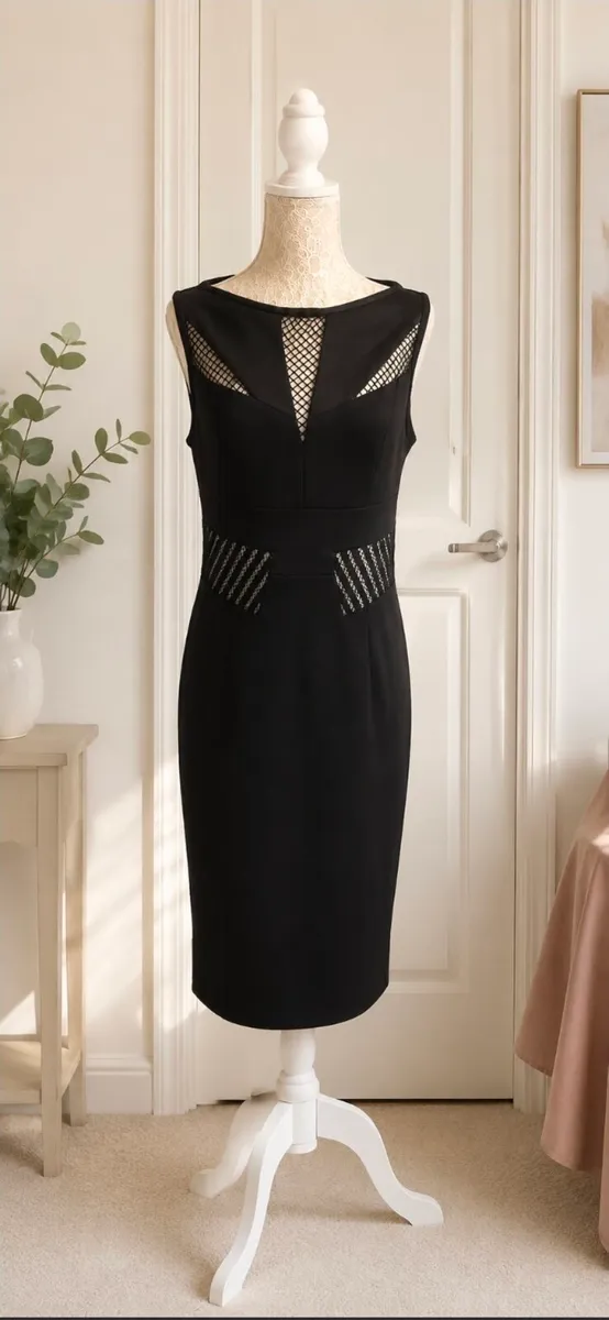 Karen Millen Black Mesh Panel Bodycon Midi Dress U - Image 1