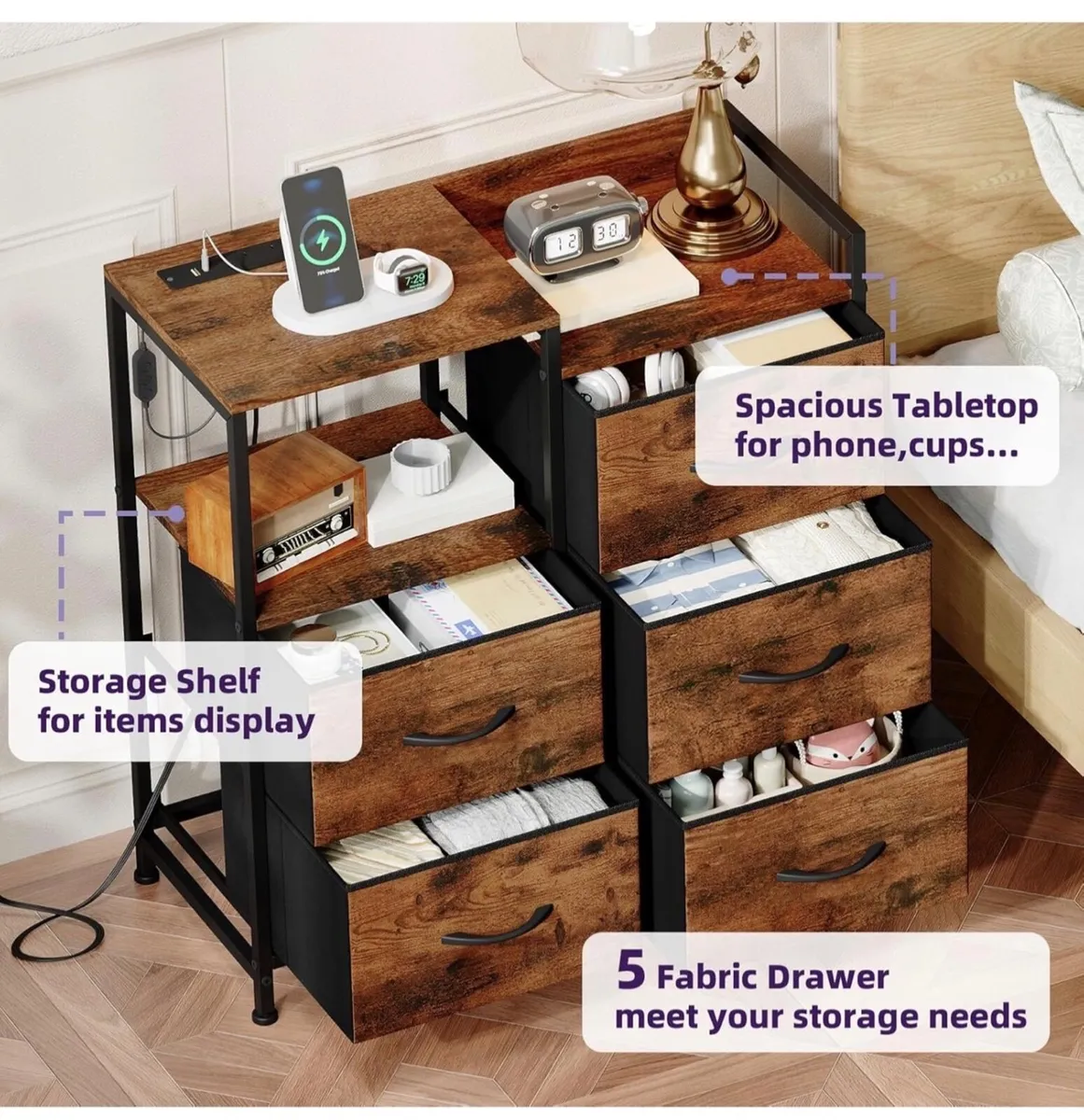 Chest of Drawers Bedroom with Charging Station and - Image 3