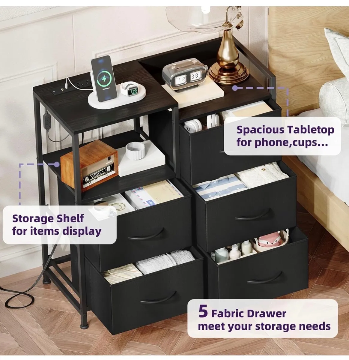 Chest of Drawers Bedroom with Charging Station and - Image 3