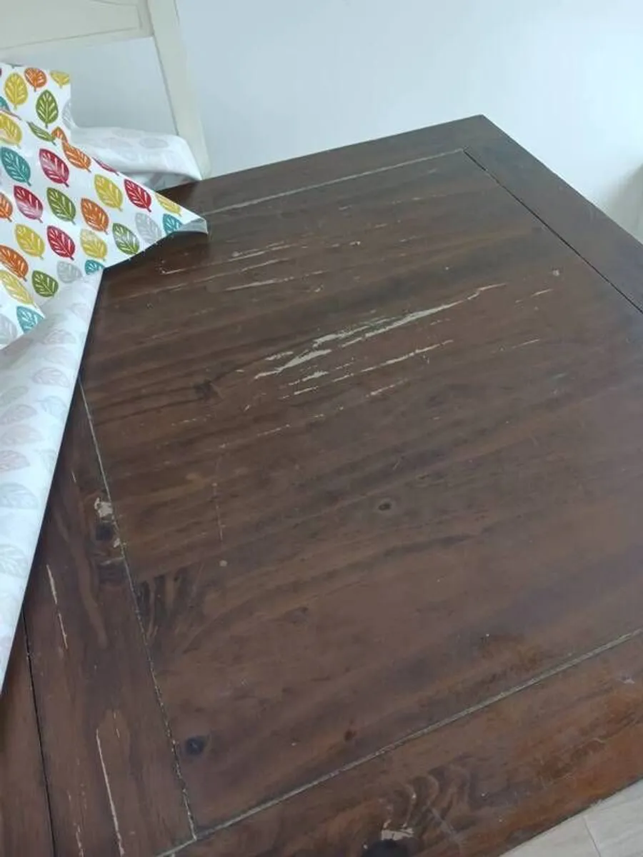 7ft farmhouse dining tabke and 6 chairs. Sine markings as well used over years. Very sturdy. Selling as downsizing. - Image 3