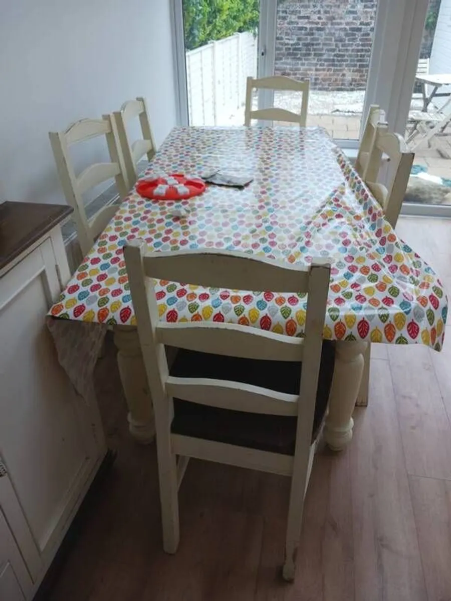 7ft farmhouse dining tabke and 6 chairs. Sine markings as well used over years. Very sturdy. Selling as downsizing. - Image 4