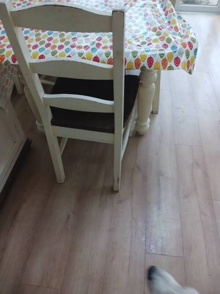 7ft farmhouse dining tabke and 6 chairs. Sine markings as well used over years. Very sturdy. Selling as downsizing. - Image 2