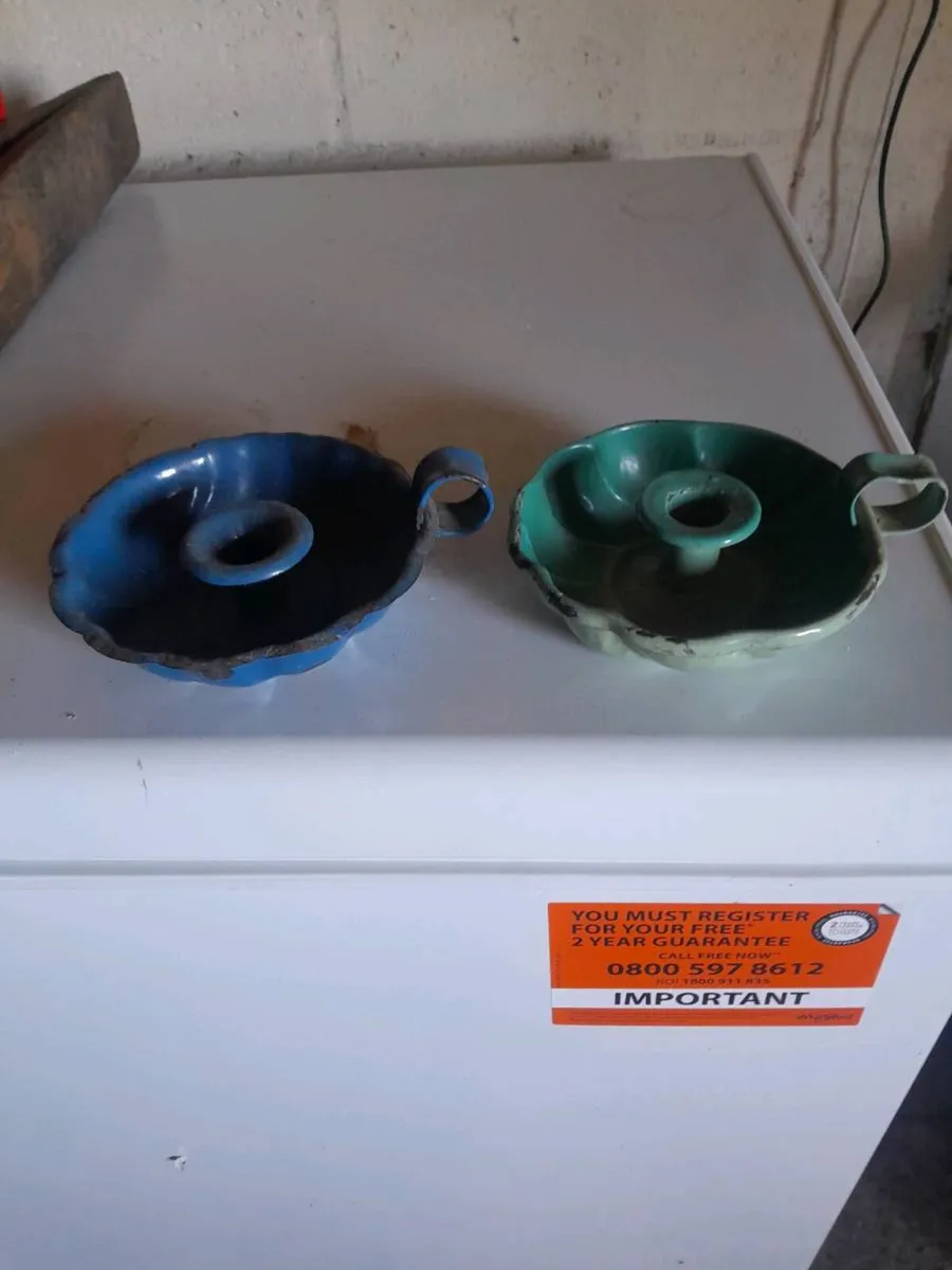 Two vintage enamelled  candle sticks - Image 1