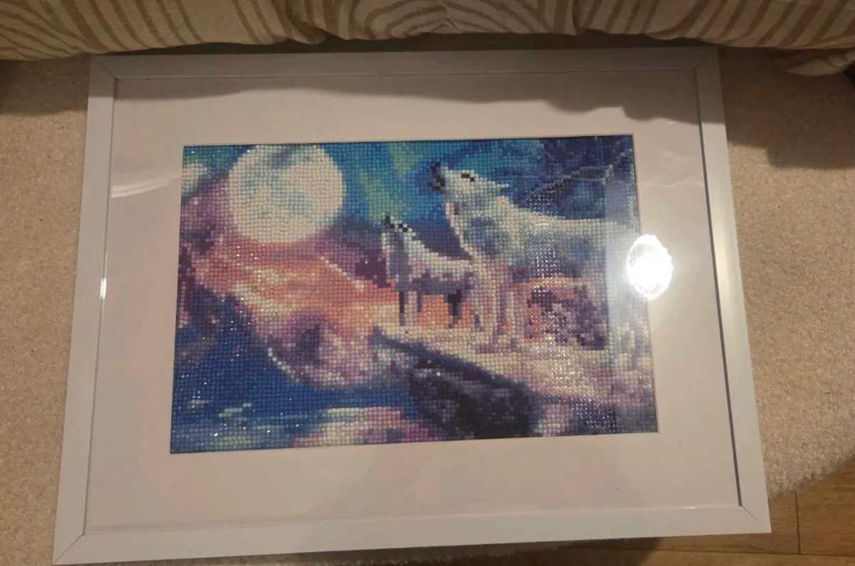 Framed Wolf Moon Diamond Art Picture Sparkly Cryst - Image 2