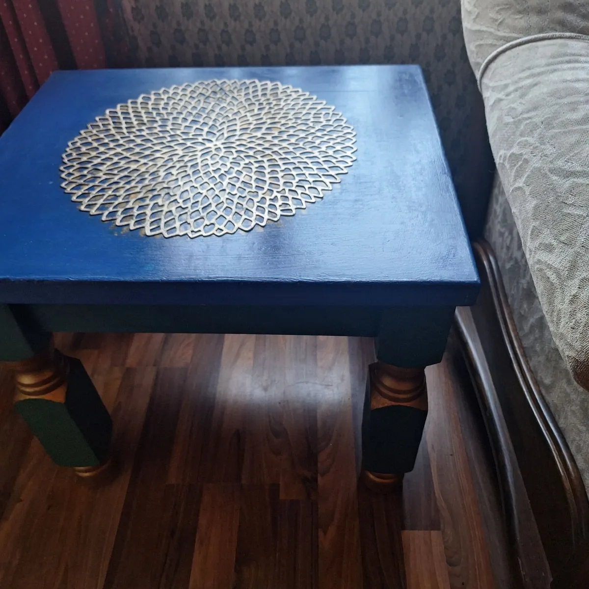 Unique Upcycled Coffee Table – Deep Blue & Gold - Image 1