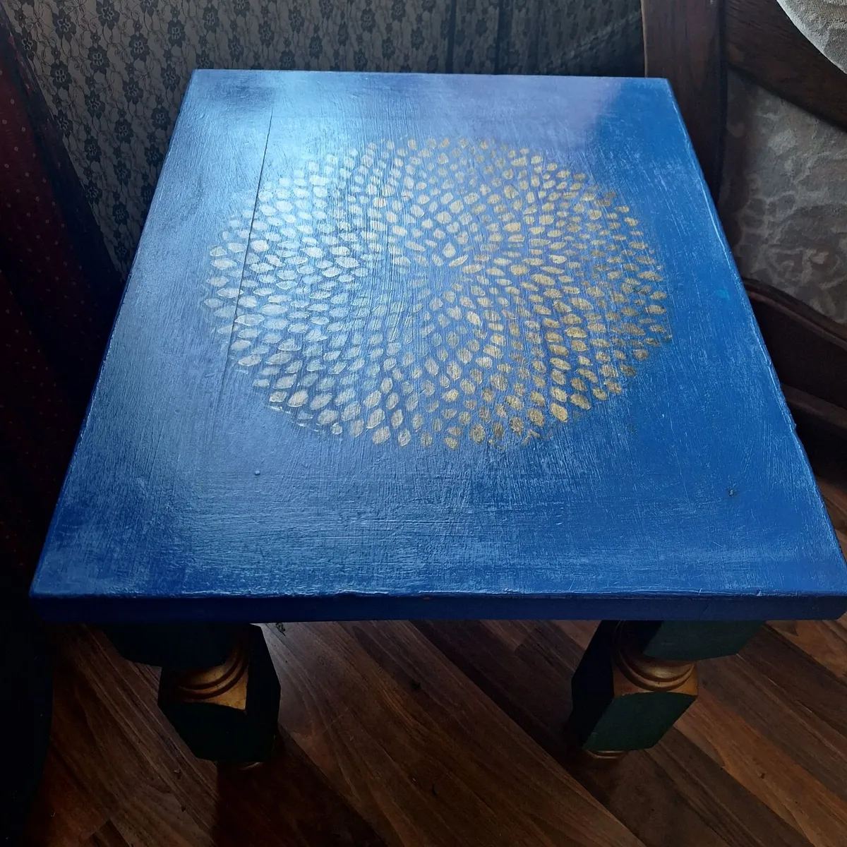 Unique Upcycled Coffee Table – Deep Blue & Gold - Image 2