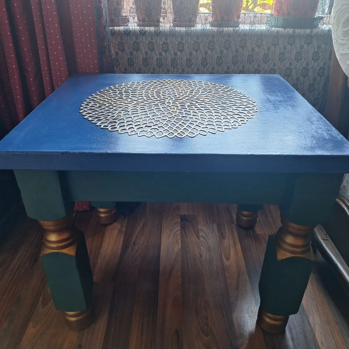 Unique Upcycled Coffee Table – Deep Blue & Gold - Image 3