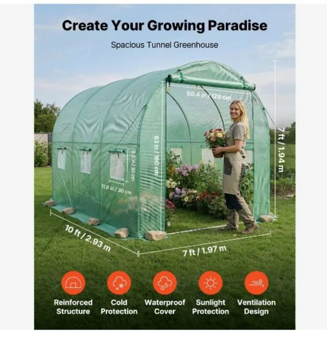 Walk-in Tunnel Greenhouse, 2.93x1.97x1.94 m - Image 2