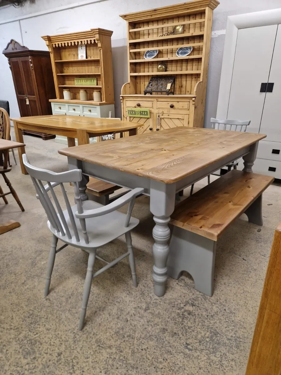 Vintage farmhouse table, 2 chairs, 2 benches - Image 1