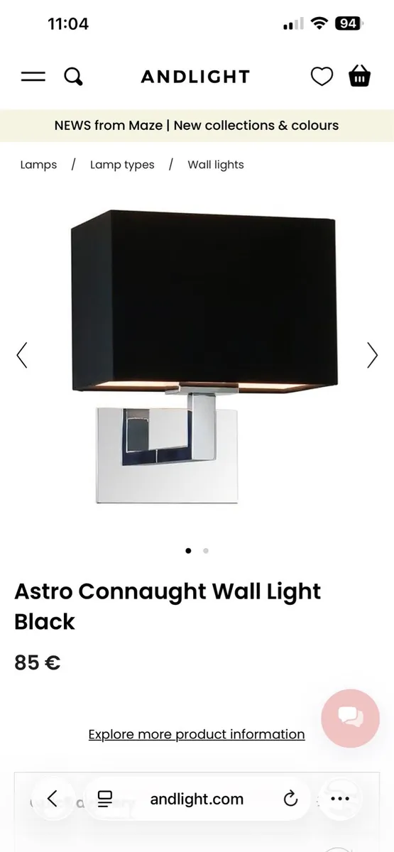 Chrome wall light with black shade - Image 4