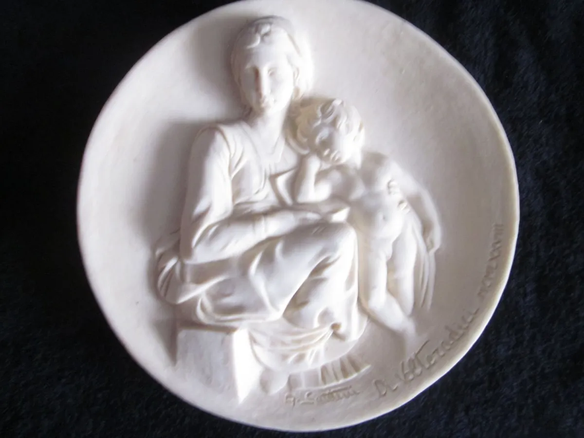 Vintage Alabaster Plate Pensive Madonna/Child Ital - Image 2