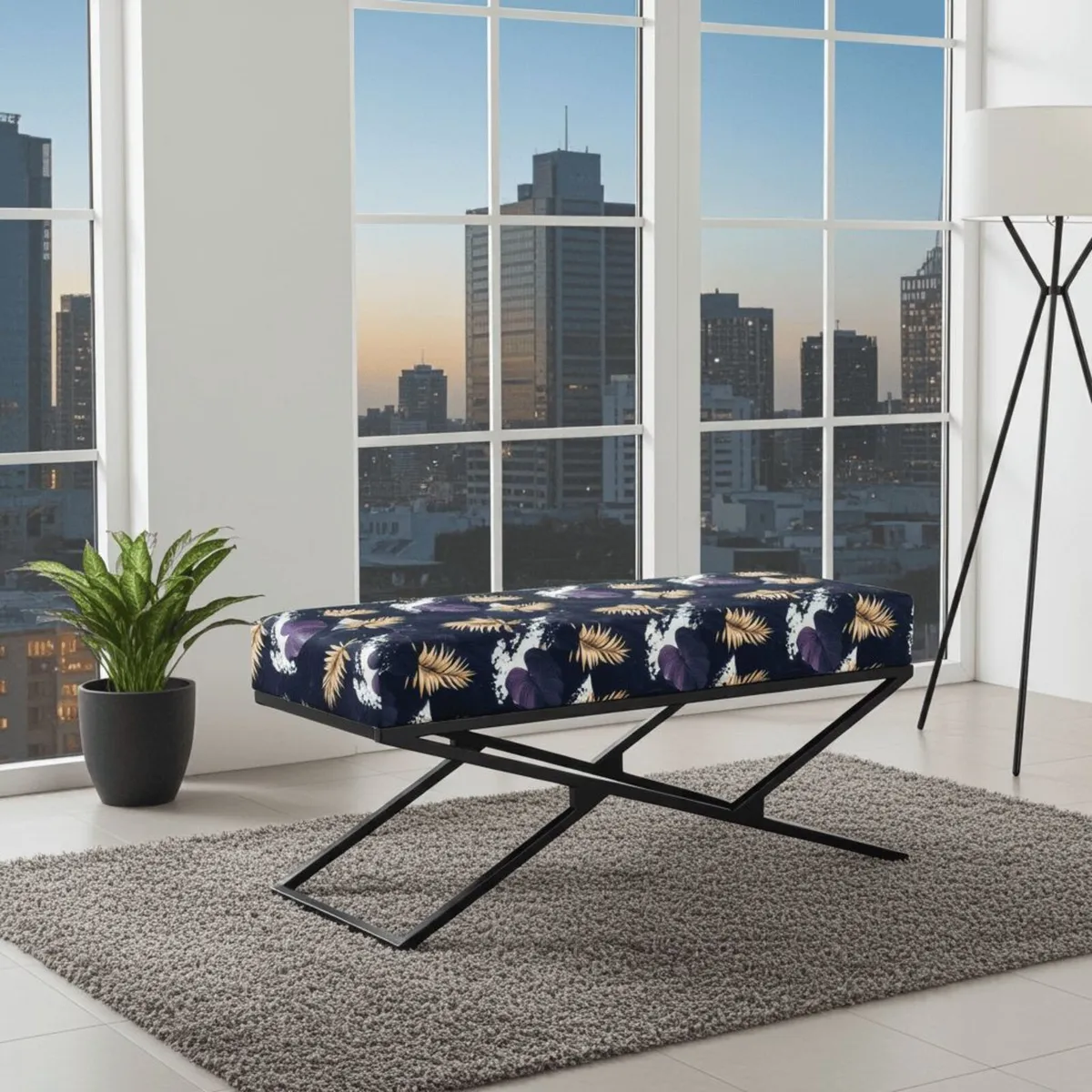 Black Patterned Velvet Black Metal Frame Bench 100 - Image 2