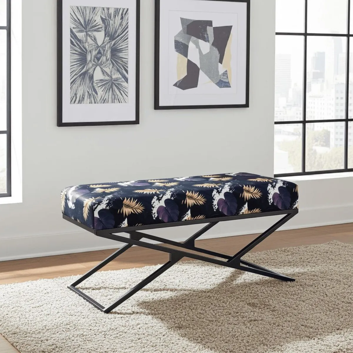 Black Patterned Velvet Black Metal Frame Bench 100 - Image 3