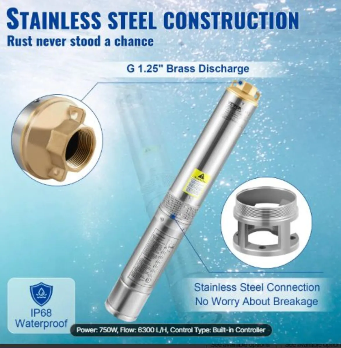 Deep Well Submersible Pump,750W 230V/50Hz,105L/min - Image 4