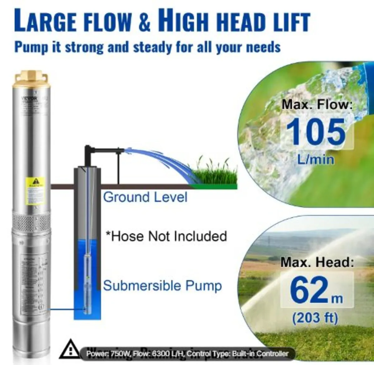 Deep Well Submersible Pump,750W 230V/50Hz,105L/min - Image 3