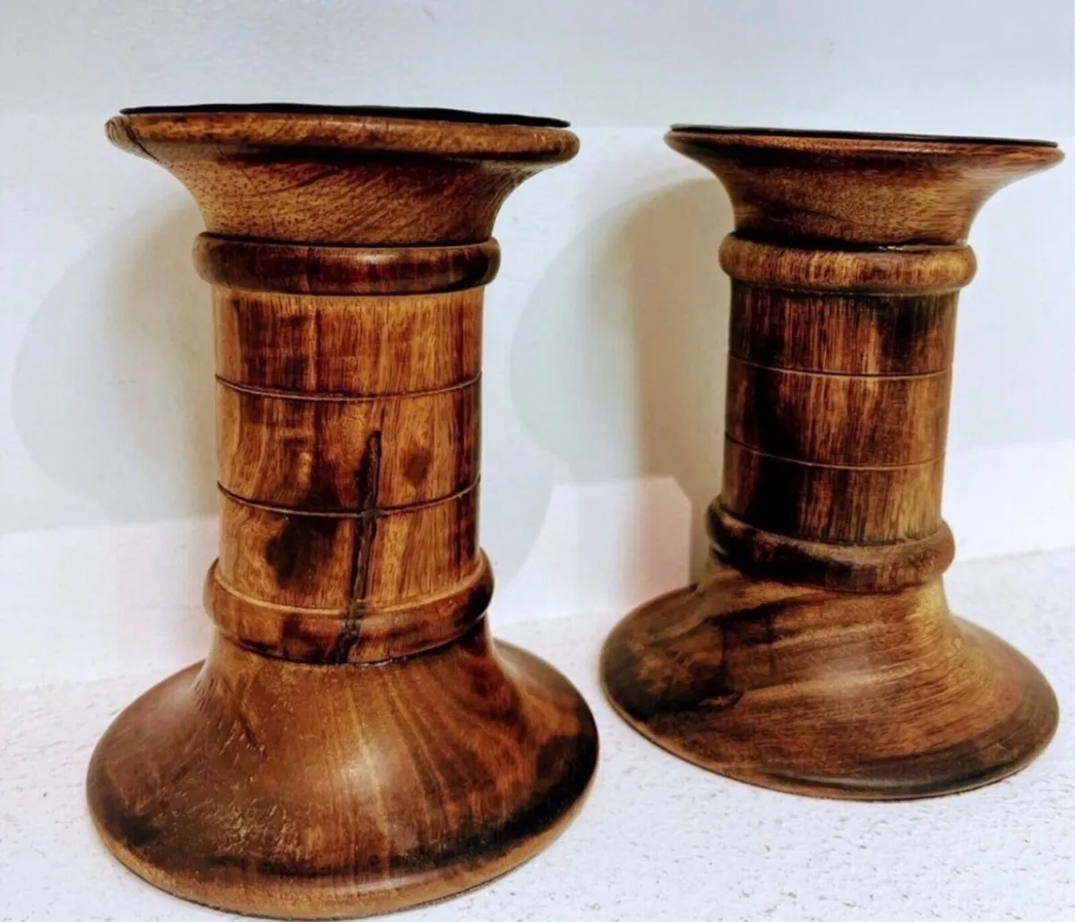 Vintage turned wood Pillar candle holders - Image 1